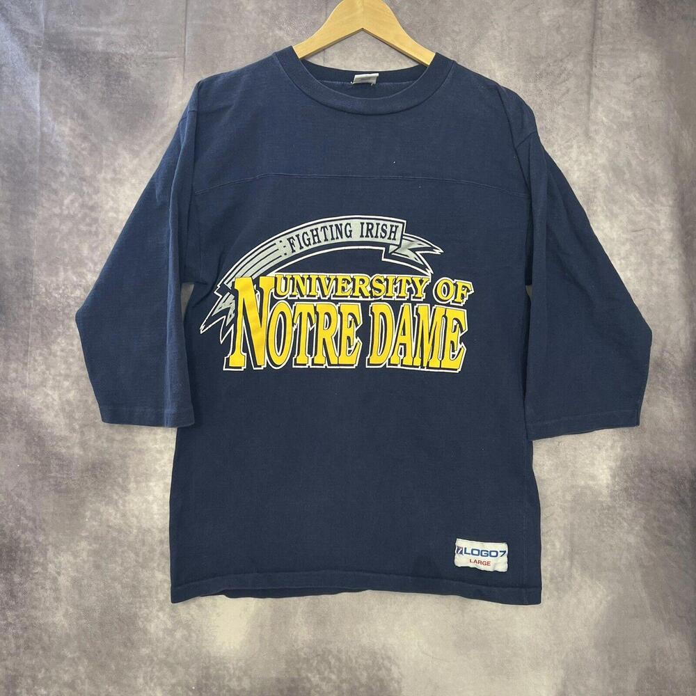 Vintage Logo 7 Notre Dame Shirt Men's Large Cotton Blue Irish 3/4 Sleeve